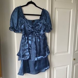Midnight Doll- Shimmery Blue Satin Silk Feel Tiered Baby Doll V-Neck Mini Dress